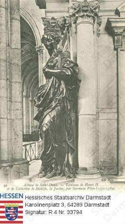 Frankreich, Saint-Denis / Abteikirche, Grabmal von König Heinrich II. v. Frankreich (1519-1559) und seiner Ehefrau Katharina geb. v. Medici (1519-1589) / hier: Skulptur 'Die Gerechtigkeit'