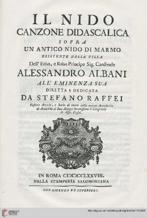 Il nido : canzone didascalica sopra un antico nido di marmo esistente nella villa dell' ... Cardinale Alessandro Albani