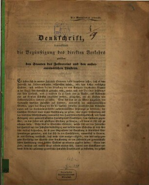 Denkschrift, betreffend die Begünstigung des direkten Verkehrs zwischen den Staaten des Zollvereins und den Aussereuropäischen Ländern