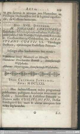 Ipsis Calendis Ianuarii, Anni MDCLXXI