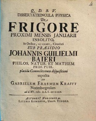 Dissertatiuncula physica de frigore proximi mensis Ianuarii insolito