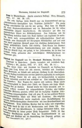 273-274 [Rezension] Bartmann, Bernhard, Lehrbuch der Dogmatik