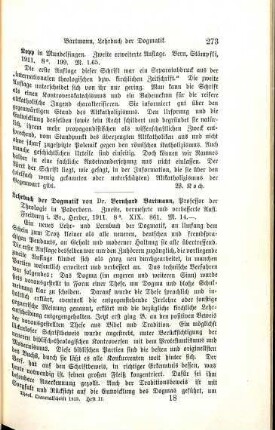 273-274 [Rezension] Bartmann, Bernhard, Lehrbuch der Dogmatik
