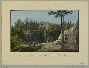Der Gasthof "Schweizerhaus" auf der Bastei in der Sächsischen Schweiz, Blick vom Ferdinandstein aus