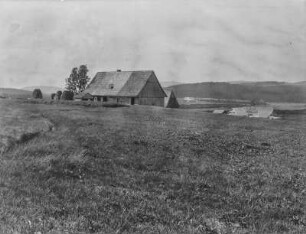 Landschaft : Eine Landschaft mit einzelnen Gehöften, dazwischen Wiese, im Hintergrund Wald
