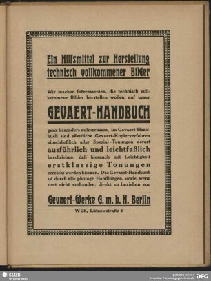 Werbung: Ein Hilfsmittel zur Herstellung technisch vollkommener Bilder, GEVAERT-HANDBUCH, Berlin