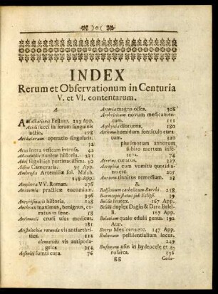 Index Rerum & Observationum in Centuria V. et VI. contentarum
