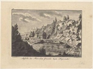 Der Plauensche Grund mit dem Forsthaus (Hegereiterhaus) und der Hegereiterbrücke nach Norden, aus Nestlers Prospecten des Plauschen Grundes von 1779