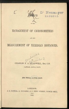 Notes on the management of chronometers and the measurement of meridian distances