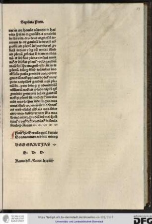 Finitur hic Breviloquium fratris Bonaventure ordinis Minorum. Deo gratias. B.d.V. Anno domini Mcccclxxxiiii.