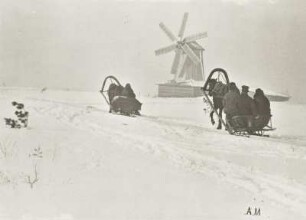 Russische Schneelandschaft mit Windmühle und Schlitten (Acht Werst von Moskau) : Russland, Schlitten