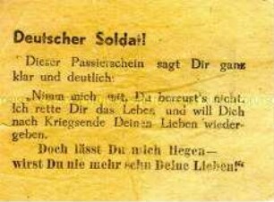 Sowjetisches Abwurf-Flugblatt mit der Aufforderung zur Kapitulation (mit Passierschein)