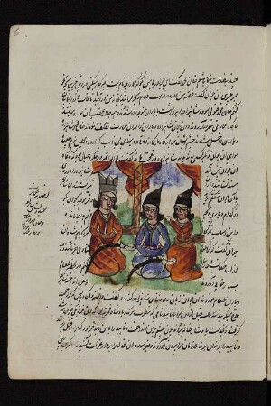 Illustration: Ḥāmid erzählt Sulṭān Ibrāhīm und Ḫān Muḥammad seine Geschichte