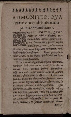 Admonitio, Qua ratio docendi Poeticam paucis demonstratur