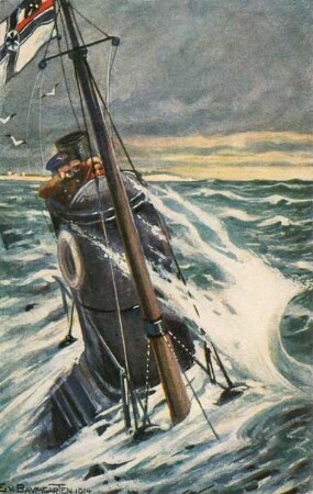 Erster Weltkrieg - Postkarten "Aus großer Zeit 1914/15". "Deutsches Unterseeboot auf Patrouille an der englischen Küste" - "Kolonialkriegerdank. Eingetr. Verein zur Unterstützung ehemaliger Kolonialkrieger der Armee, Marine, der Schutz- und Polizeitruppen sowie deren Hinterbliebenen"