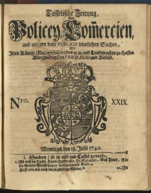Nro. XXIX, Montags, den 18. Julii 1740