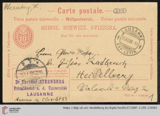 Nachlass Gustav Radbruch. Korrespondenz Theodor Sternberg/Gustav Radbruch: Karte von Theodor Sternberg an Gustav Radbruch