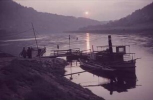 Sächsische Schweiz. Elbfähre während des Sonnenuntergangs
