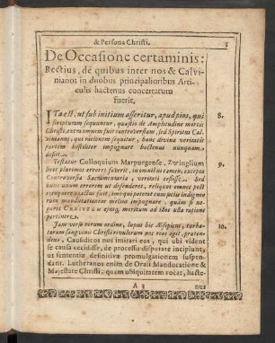 De Occasione certaminis: Rectius, de quibus inter nos & Calvinianos in duobus principalioribus Articulis hactenus concertatum fuerit.