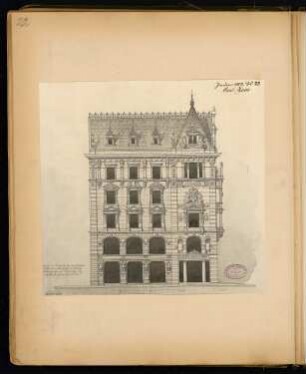 Wohn- und Geschäftshaus für die Fa. Faber, Berlin Monatskonkurrenz Januar 1882: Aufriss Straßenansicht Friedrichstraße; Maßstabsleiste, Ergänzungstext