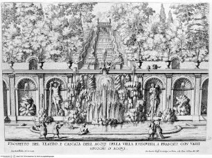 Le fontane di Roma nelle piazze e luoghi publici della città con li loro prospetti come sono al presenteBand 2: Le fontane delle ville di Frascati, nel Tusculano con li loro prospetti. [s.a.] - disegnate, et intagliate da Gio. Battista Falda. Data in luce con direttione, e cura di Gio. Giacomo de RossiLibro 2Tav. 13: Frascati, Villa Torlonia, giardino, cascata