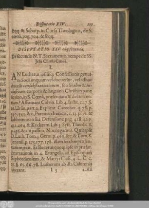 Disputatio XXV. eáq[ue] secunda, De secundo N. T. Sacramento, nempe de S.S. Iesu Christi Coenâ.