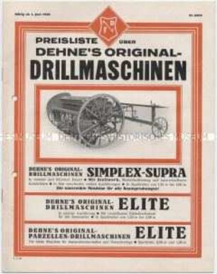 Preisliste über Drillmaschinen
