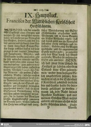 IX. Hauptstuck. Francisca der Wittiblichen Keueschheit Hochschätzerin