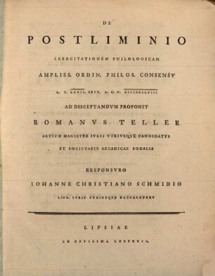 De Postliminio : exercitationem philologicam ...