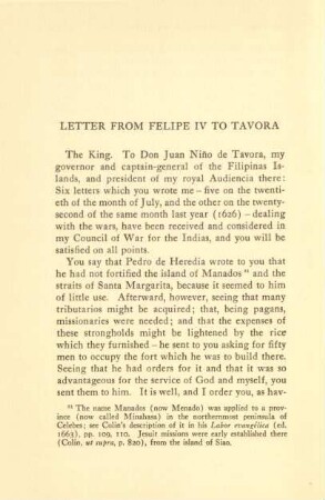 Letter from Felipe IV to Tavora