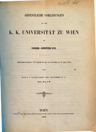 Vorlesungsverzeichnis. 1873, 1873. SS