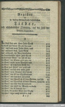 Register der in diesem Gesangbuche befindlichen Lieder, nach alphabetischer Ordnung, auf die Zahl der Blätter eingerichtet