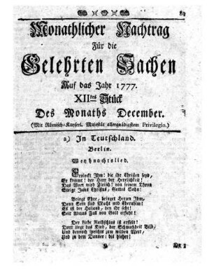 Monathlicher Nachtrag [...] Auf das Jahr 1777. XIItes Stück Des Monaths December