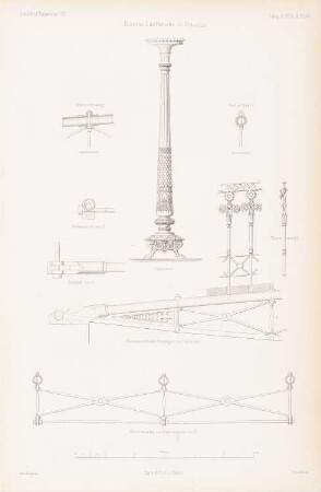 Eiserne Laufbrücke über den Stadtkanal, Potsdam: Kandelaber, Geländer, Details (aus: Atlas zur Zeitschrift für Bauwesen, hrsg. v. G. Erbkam, Jg. 2, 1852)