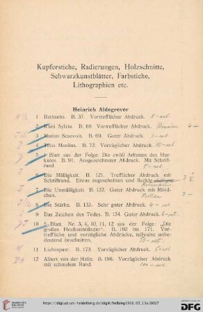 Kupferstiche, Radierungen, Holzschnitte, Schwarzkunstblätter, Farbstiche, Lithographien etc. (Nr. 1-377)