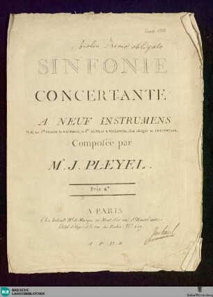 Sinfonie concertante a neuf instrumens : (N.B.) Le 1er violon, le hautbois, le 1er alto, et le violoncel, font obligés et concertans