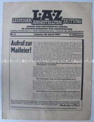 Mitteilungsblatt der Ortsgruppe Leipzig des Zentralverbandes der Angestellten mit dem Aufruf zum 1. Mai