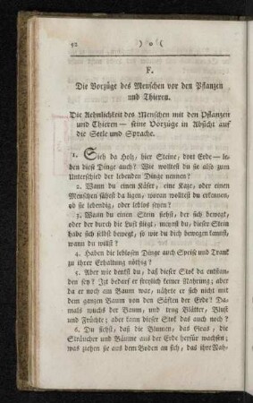 F. Die Vorzüge des Menschen vor den Pflanzen und Thieren.