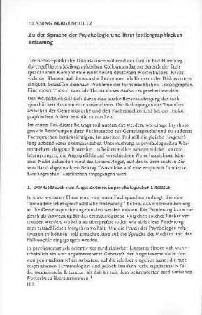 Zu der Sprache der Psychologie und ihrer lexikographischen Erfassung