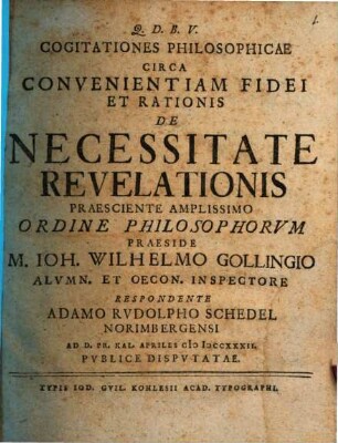Cogitationes philosophicae circa convenientiam fidei et rationis de necessitate revelationis