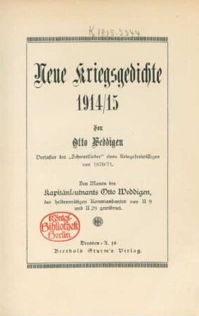 Neue Kriegsgedichte 1914/15