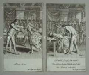 Illustrationen (Blatt 9 und 10 von 12 Blättern) zu der Operette "Der Deserteur " von Michel-Jean Sedaine.