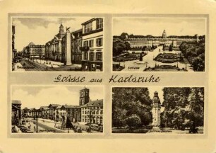 Postkartenalbum mit Motiven von Karlsruhe. "Grüße aus Karlsruhe. Hauptpost, Schloss, Marktplatz, Schlossgarten"