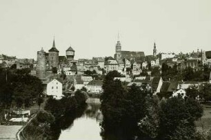 Bautzen, Blick über die Spree auf die Altstadt vor Errichtung der Friedensbrücke (1907-1909)