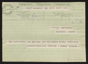Brief von Rudolf G. Binding an Gerhart Hauptmann