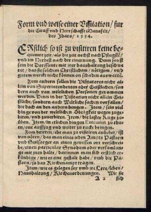 Form und weise einer Visitation/ fur die Graff und Herrschafft Mansfelt/ des Jhars/ 1554.