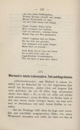 XVI. Marbach's letzte Lebensjahre, Tod und Begräbnis.
