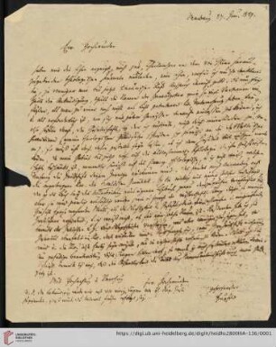 Nachlass Karl Ullmann: Brief von Hermann Hupfeld an Carl Ullmann