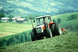 Fotografie: Heuernte, Kreiselzettwender, Allradtraktor, Zwillingsreifen