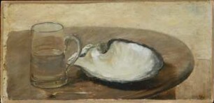 Stillleben mit Muschel, Wasserglas und Löffel
